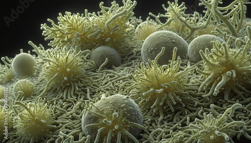 Illustrative color illustration of a microscopic close-up of a bacterial colony on an organic background