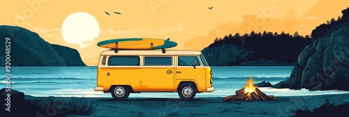 Camper van adventure banner design, coastline drive, surfboards on roof, bonfire beach nights