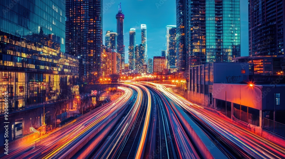 Obraz premium Urban Highway with Light Trails and City Skyline at Night