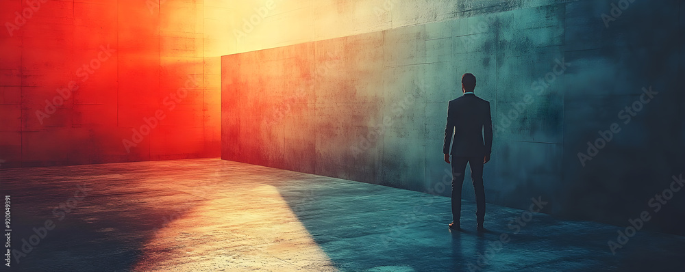 A man stands in a dark room with a red wall A man stands in a dark room with a red wall