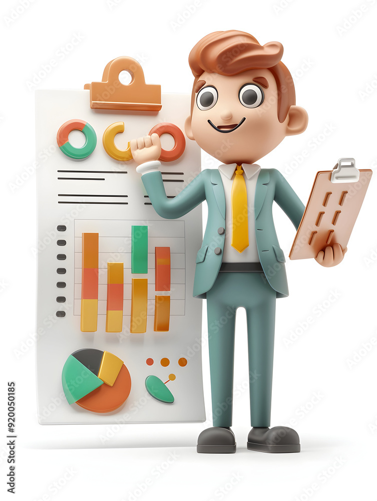 3D flat icon of an Operations Manager reviewing a checklist and holding a pen against a whimsical background. Ideal for business operations and management visuals. Isolated on a white background. 3D flat icon of an Operations Manager reviewing a checklist and holding a pen against a whimsical background. Ideal for business operations and management visuals. Isolated on a white background.
