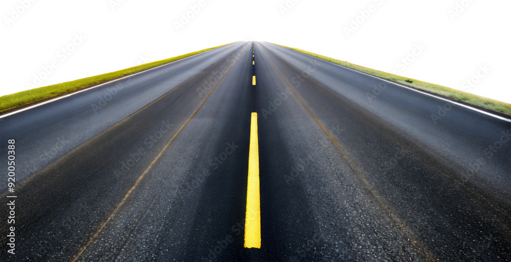 Empty highway road with yellow dividing line leading into the distance isolated on transparent background Empty highway road with yellow dividing line leading into the distance isolated on transparent background