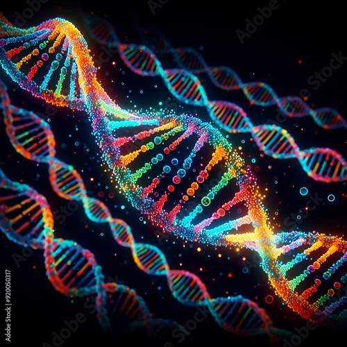 Multi-color Blue, Yellow, Purple, Pink, Red DNA Spiral Shape Helix Strands Molecule on Black Background. Artistic Biology Science Work Essence of Genetic Life Chromosomes Information Glowing Particles photo