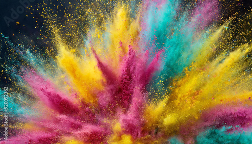 Colorful powder explosion full screen abstract art close-up. Multicolor, fuchsia pink, yellow, blue, turquoise dust blowing up. Energetic expansion, burst, explode rainbow colors on black background.