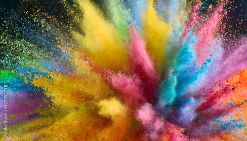 Colorful powder explosion full screen abstract art close-up. Multicolor, fuchsia pink, yellow, blue, turquoise dust blowing up. Energetic expansion, burst, explode rainbow colors on black background.