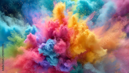 Colorful powder clouds explosion full screen abstract art close-up. Multicolor, fuchsia pink, yellow, blue, turquoise dust blowing up. Energetic expansion, burst rainbow colors on black background.