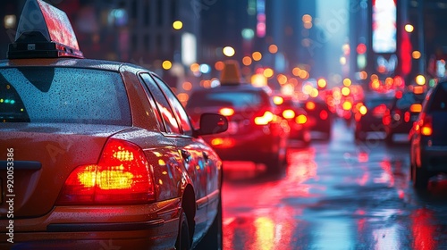 Taxi in city traffic at night with colorful lights reflecting on wet pavement