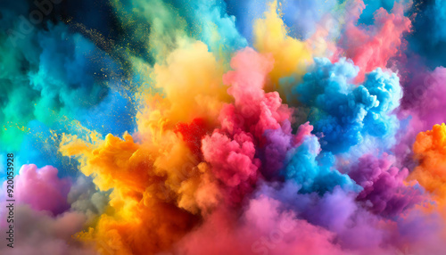 Colorful powder clouds explosion full screen abstract art close-up. Multicolor, fuchsia pink, yellow, blue, turquoise dust blowing up. Energetic expansion, burst rainbow colors on black background.