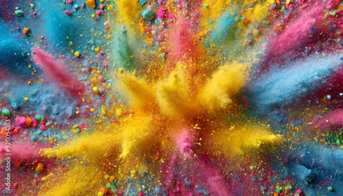 Colorful powder explosion full screen abstract art close-up. Multicolor, fuchsia pink, yellow, blue, turquoise dust blowing up. Energetic expansion, burst, explode rainbow colors on black background.