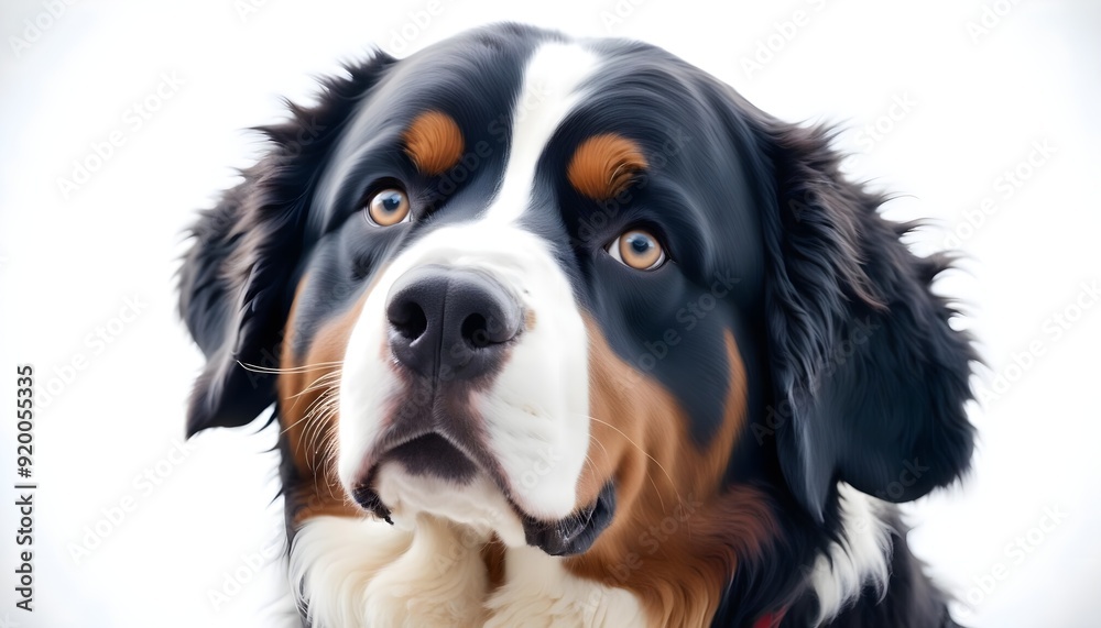 Close-up portrait of a Bernese Mountain Dog looking at the camera. White background.