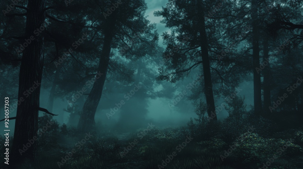 Foggy night pine forest, AI generated Image