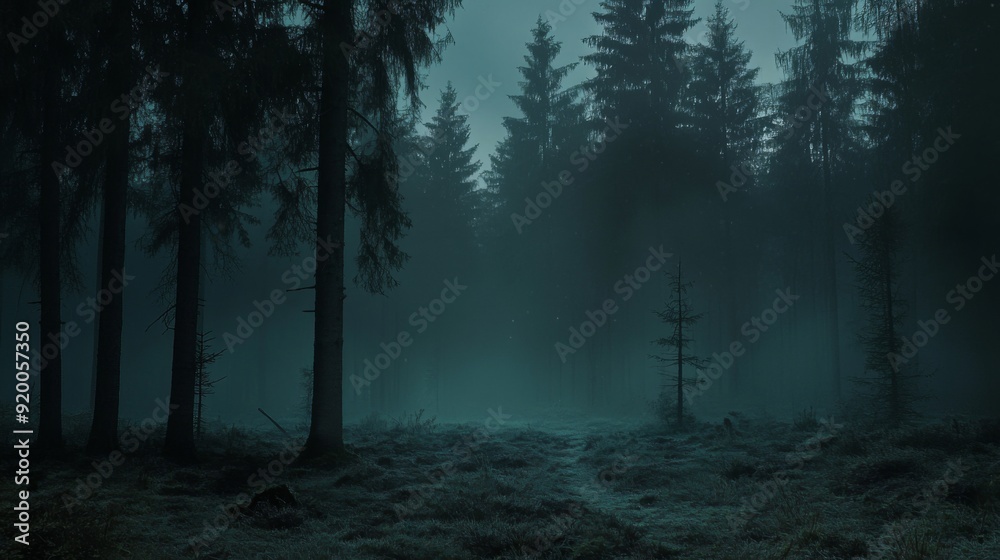 Obraz premium Foggy night pine forest, AI generated Image