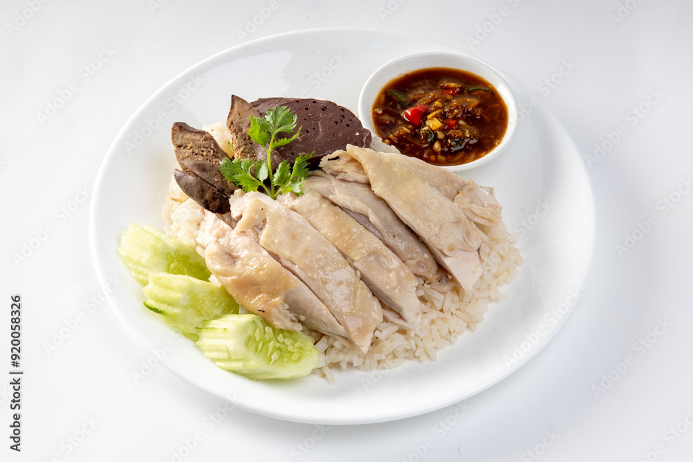Steamed rice topped with chicken on a white background Steamed rice topped with chicken on a white background
