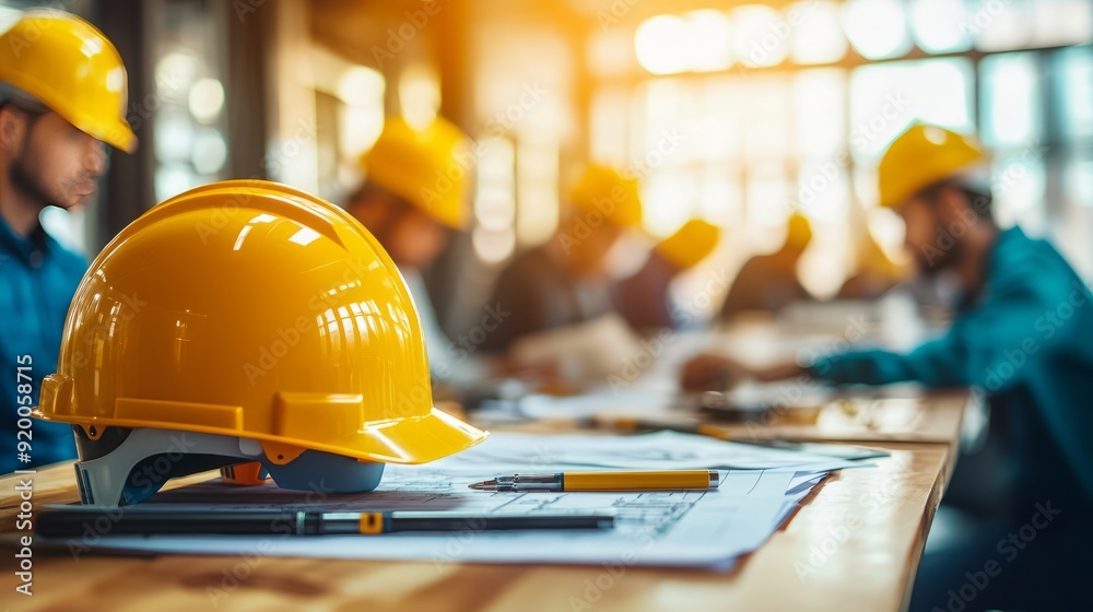 Yellow construction hard hat on a desk during a team meeting Yellow construction hard hat on a desk during a team meeting