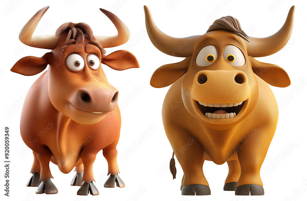 set of cute bull with funny face. 3D cartoon animation style.