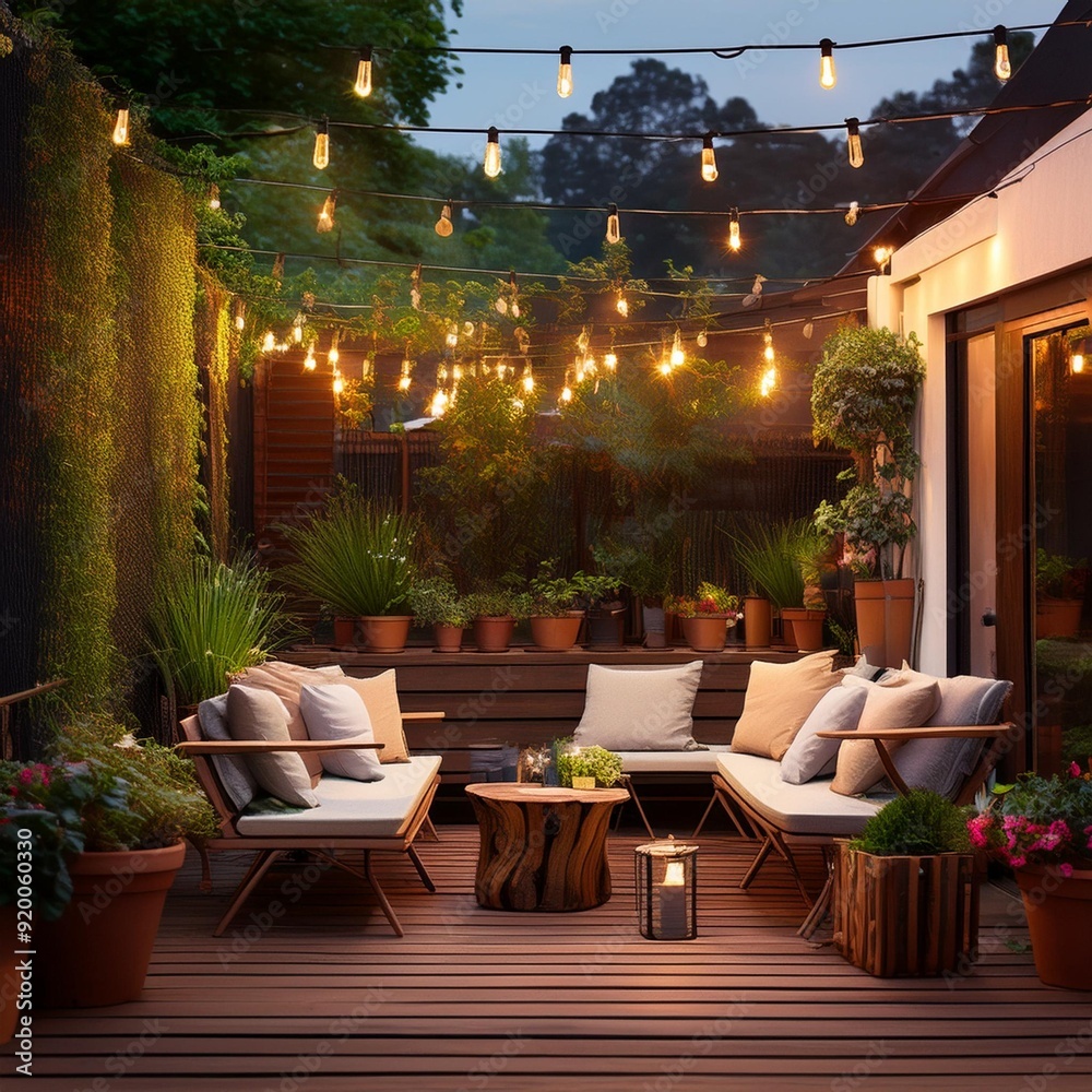 Fototapeta premium terrace with string lights and plants