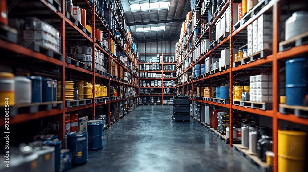Large industrial warehouse with shelves full of goods Large industrial warehouse with shelves full of goods