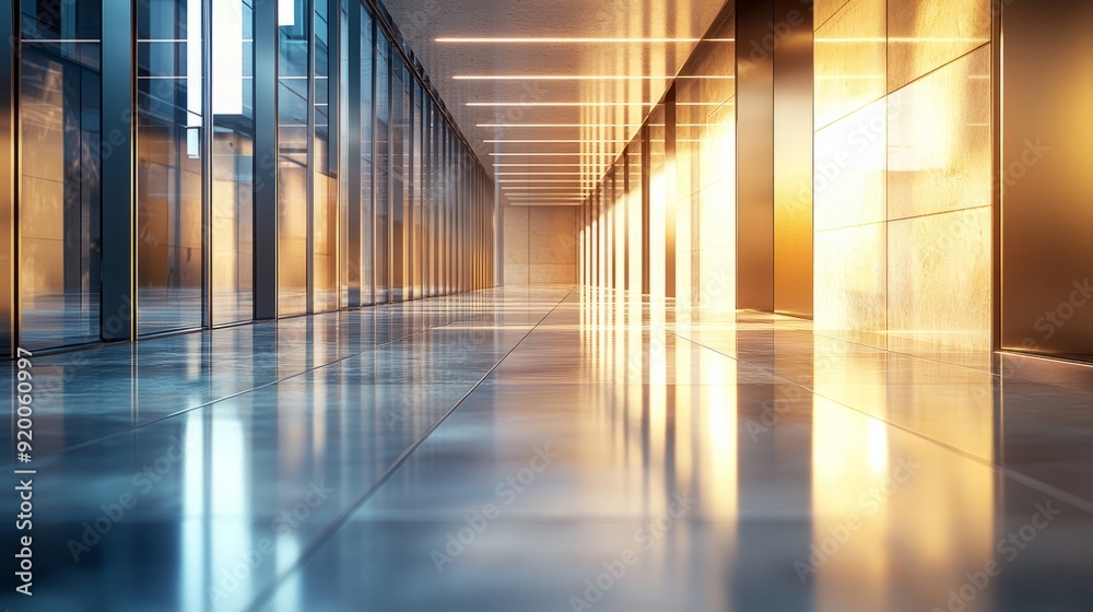 Modern glass corridor with reflective floor and sunlight Modern glass corridor with reflective floor and sunlight