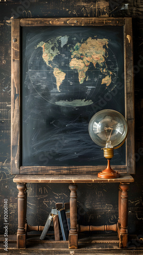 Realistic Blackboard with Globe and Lightbulb Concept for Global Business Opportunities in Stock Photo Concept