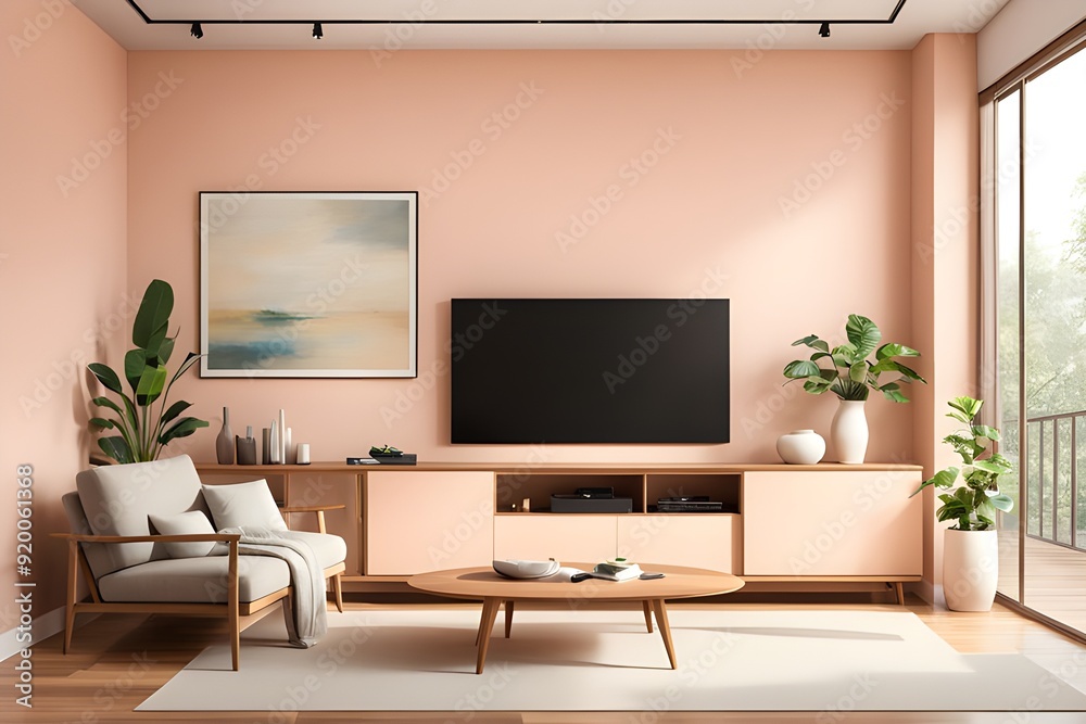 Obraz premium Living room interior with tv display on wooden cabinet with armchair. Generative AI