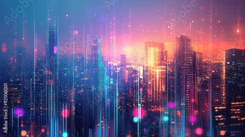 Wallpaper Mural Futuristic Cityscape with Neon Lights and Digital Lines Torontodigital.ca