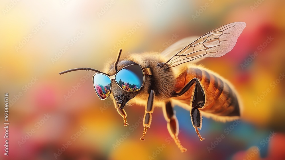 A whimsical bee wearing sunglasses, set against a vibrant background of colorful flowers, capturing a playful nature. A whimsical bee wearing sunglasses, set against a vibrant background of colorful flowers, capturing a playful nature.