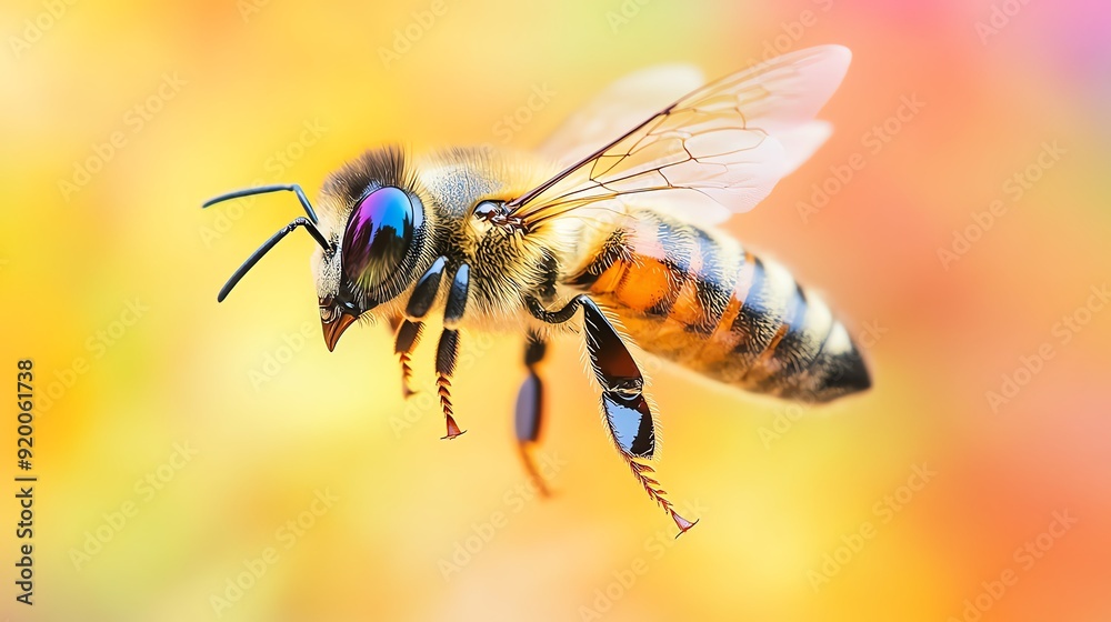 A close-up view of a flying bee showcasing intricate details and vibrant colors against a blurred background. A close-up view of a flying bee showcasing intricate details and vibrant colors against a blurred background.