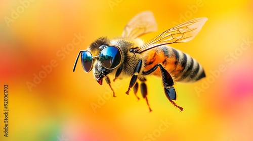 A vibrant close-up of a bee wearing sunglasses, showcasing its detailed features against a bright, colorful background.