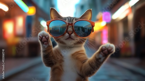 A cool cat wearing sunglasses, striking a fun pose in a vibrant urban setting with colorful lights.