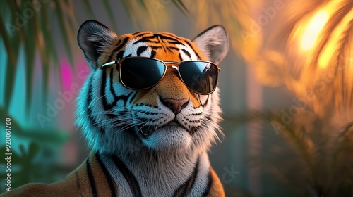 A cool tiger wearing sunglasses, exuding a playful vibe surrounded by vibrant tropical elements.
