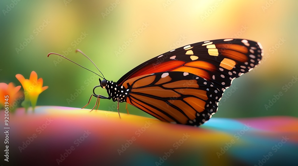 A vibrant butterfly perched gracefully on a colorful surface, showcasing intricate patterns and soft, luminous colors. A vibrant butterfly perched gracefully on a colorful surface, showcasing intricate patterns and soft, luminous colors.