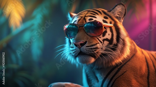 A stylish tiger wearing sunglasses in a colorful, tropical setting, showcasing a playful and vibrant personality.