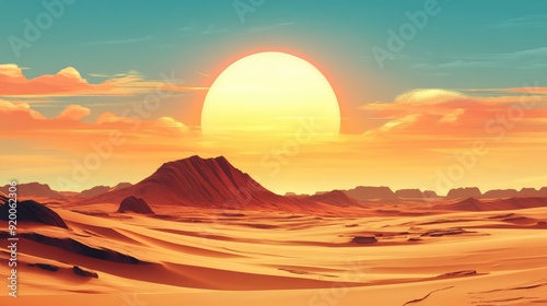 Dramatic desert landscape with sand dunes, rugged terrain, and a blazing sun, suitable for adventure themes
