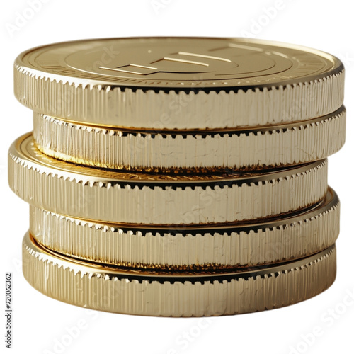 Tall stack of shiny gold coins, isolated on a transparent background, symbolizing wealth and prosperity.
 photo