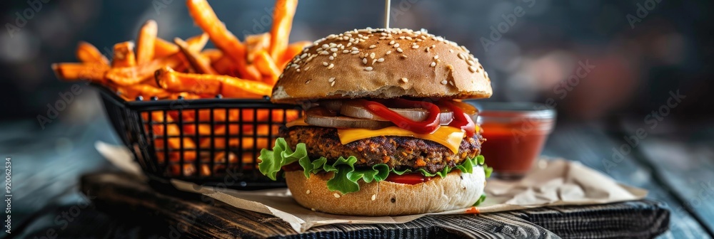 Vegetarian burger topped with cheddar cheese on a whole grain bun, accompanied by oven-baked sweet potato fries in a black grid basket, served with ketchup and mayo on a wooden board. Vegetarian burger topped with cheddar cheese on a whole grain bun, accompanied by oven-baked sweet potato fries in a black grid basket, served with ketchup and mayo on a wooden board.