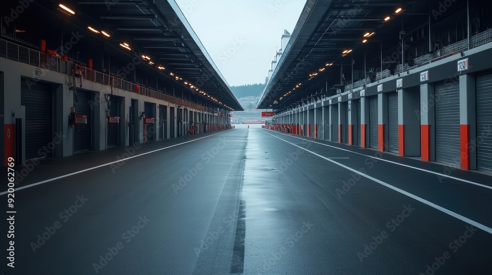 Empty pit lane alongside a racetrack, with garages closed and track silent. Pre-race stillness. Empty pit lane alongside a racetrack, with garages closed and track silent. Pre-race stillness.
