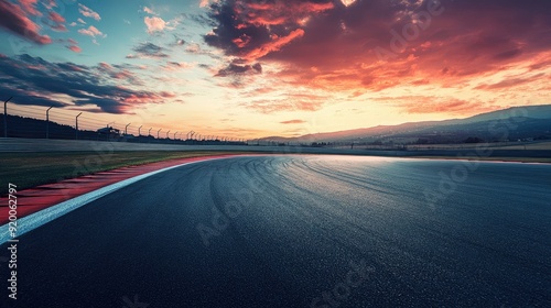 Empty race track at dawn with a dramatic sky, perfect for motorsport themes and dynamic visual designs. photo