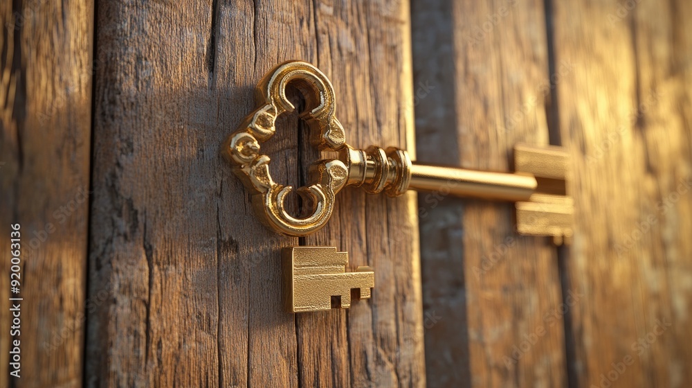 Golden key unlocking a door, representing the key to success. Ample space for text.
