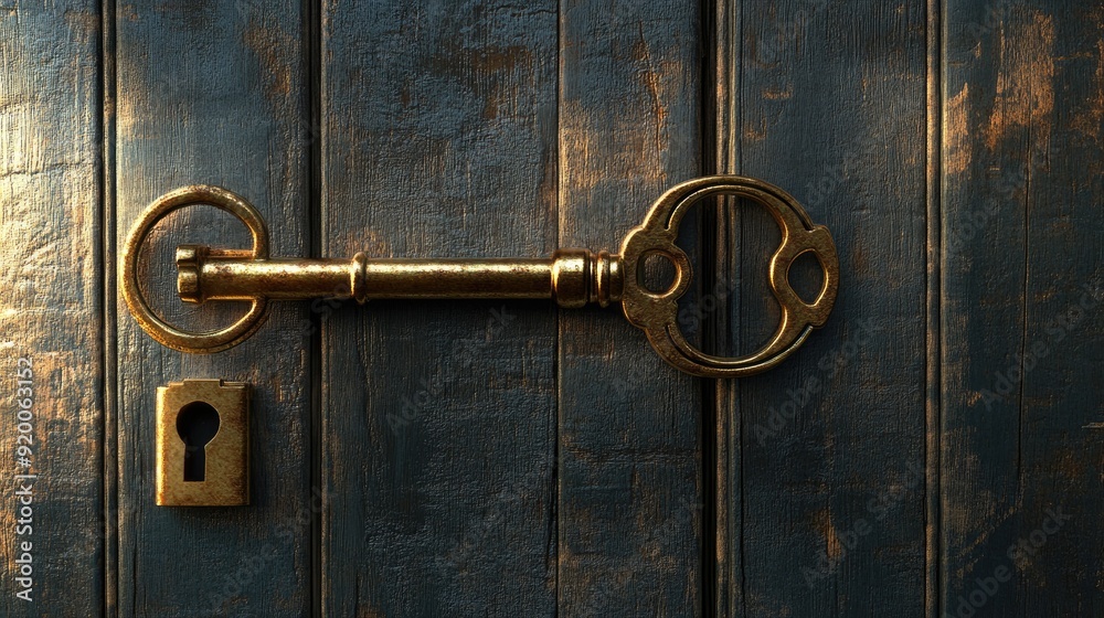 Golden key unlocking a door, representing the key to success. Ample space for text. Golden key unlocking a door, representing the key to success. Ample space for text.