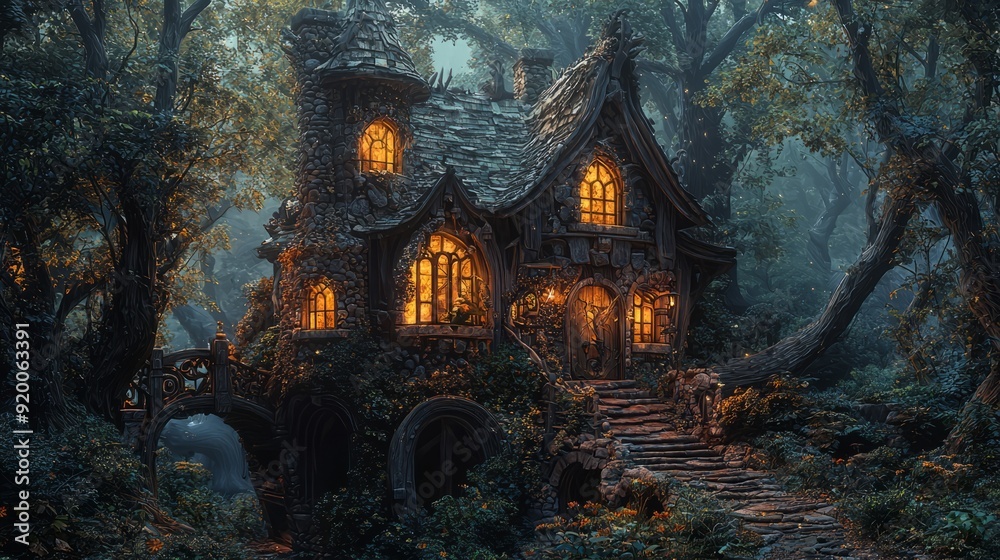 Cozy cabin in enchanted forest with glowing lights at dusk Cozy cabin in enchanted forest with glowing lights at dusk