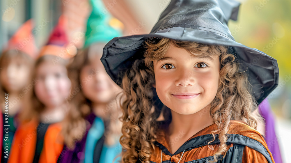 Close-up of girl dressed as a witch on a Halloween day ready to trick-or-treat around the houses. Close-up of girl dressed as a witch on a Halloween day ready to trick-or-treat around the houses.