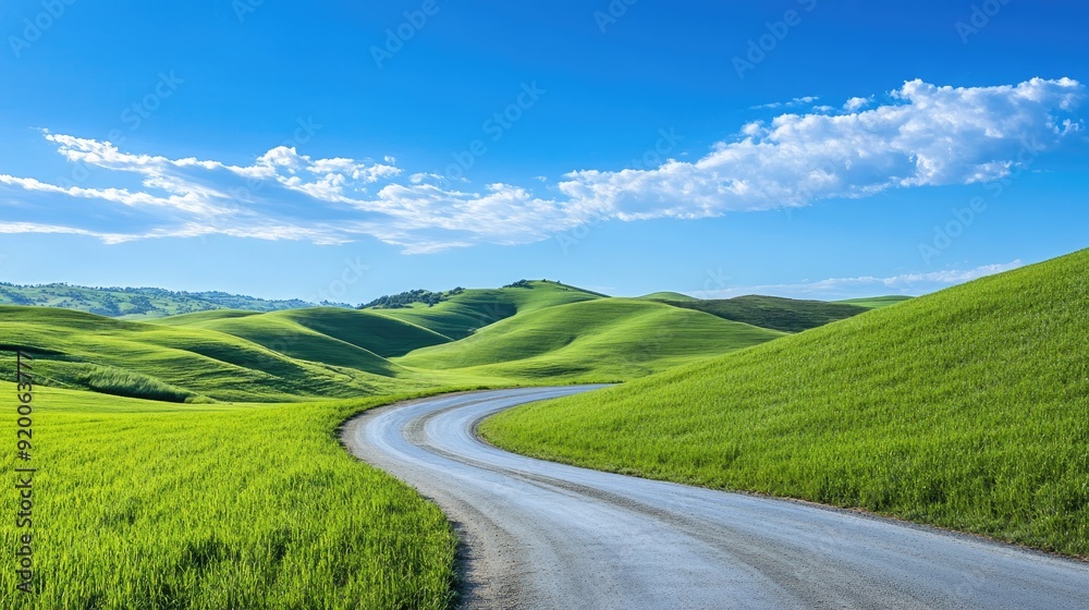 Idyllic countryside landscape with rolling green hills, a winding road, and a bright blue sky, suitable for rural life themes Idyllic countryside landscape with rolling green hills, a winding road, and a bright blue sky, suitable for rural life themes
