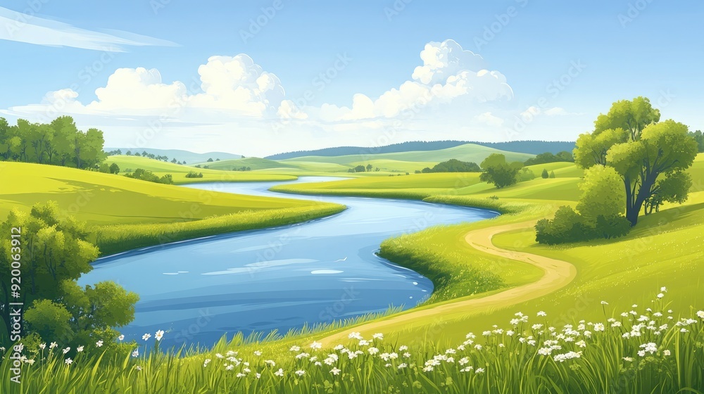 Obraz premium Idyllic rural landscape with a winding river, green fields, and a bright blue sky, suitable for agricultural themes