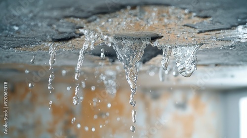 Water leaking from ceiling causing damage and dripping indoors