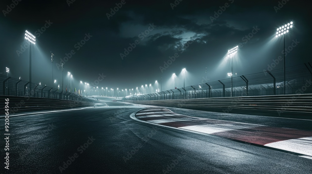 Night race track illuminated by powerful floodlights, creating a dramatic and intense atmosphere. Night race track illuminated by powerful floodlights, creating a dramatic and intense atmosphere.