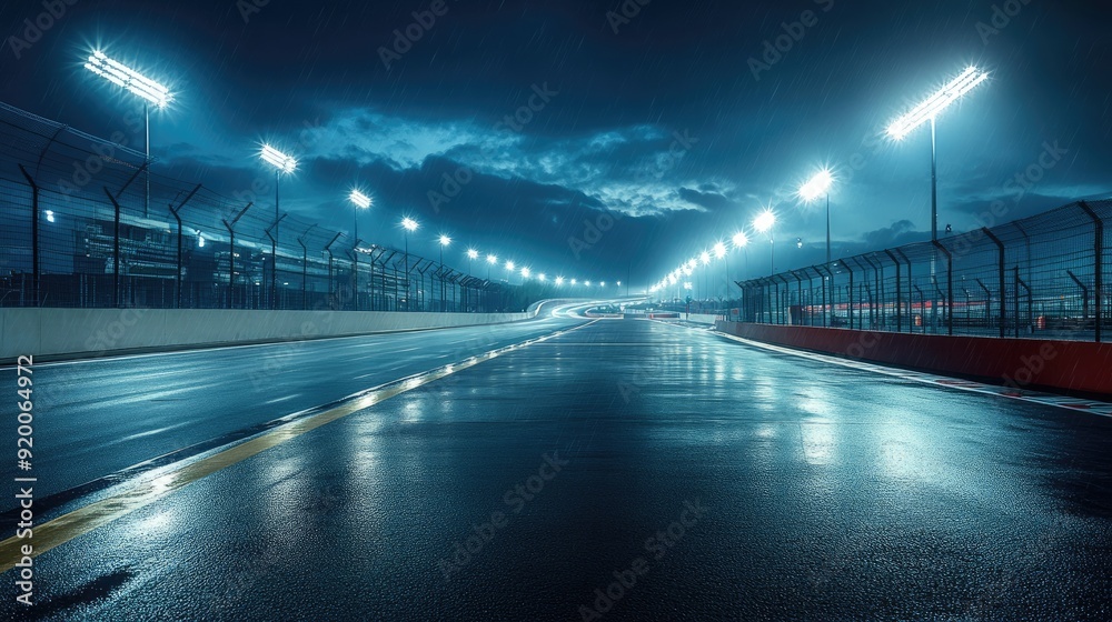 Night shot of an illuminated racetrack with empty lanes, under the glow of powerful floodlights. Night shot of an illuminated racetrack with empty lanes, under the glow of powerful floodlights.