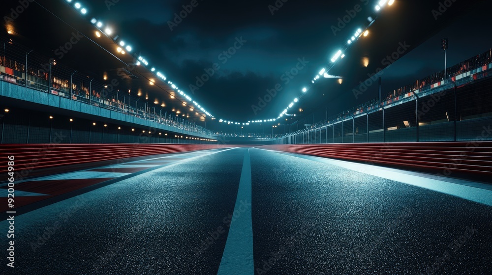 Nighttime racetrack under floodlights, with empty lanes glowing in the artificial light. Ready for action. Nighttime racetrack under floodlights, with empty lanes glowing in the artificial light. Ready for action.