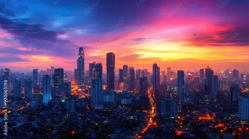 Fototapeta premium Panoramic cityscape landscape at dusk with glowing lights and a colorful sky, perfect for urban themes