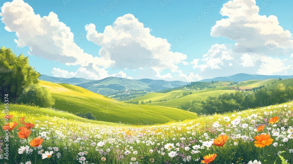 Peaceful countryside landscape with rolling hills, fields of flowers, and a clear blue sky, ideal for rural life