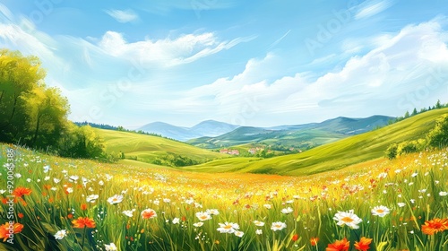 Peaceful countryside landscape with rolling hills, fields of flowers, and a clear blue sky, ideal for rural life photo